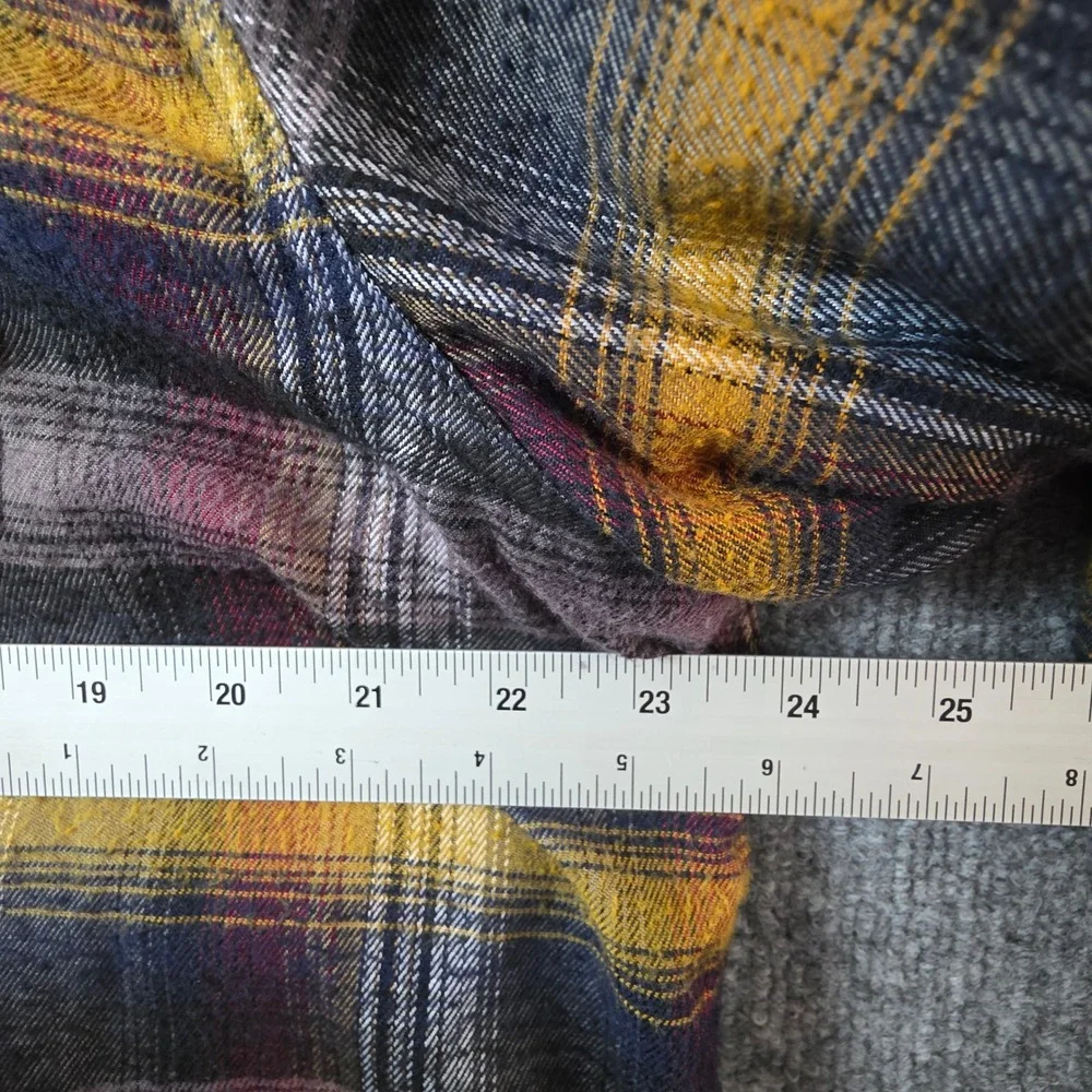 Prana Mens XL Plaid Flannel Shirt Jacket Thermal Lined Snap Front Purple Yellow